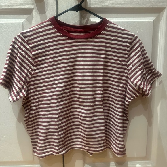 Madewell Soft Fade Cotton Boxy Crop Tee, Burgundy and White Stripe, XS oversized - Picture 3 of 7